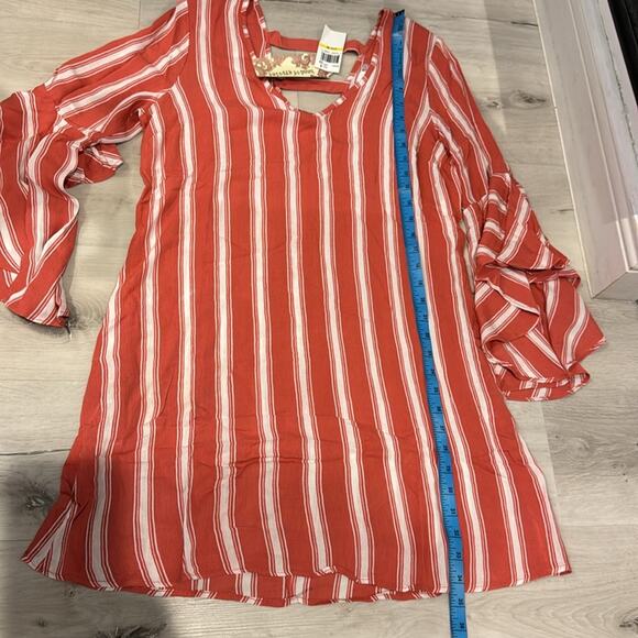Band of Gypsies NWT Stripes Bell Sleeves Dress in Dusty Coral and Ivory colors. - Picture 6 of 7